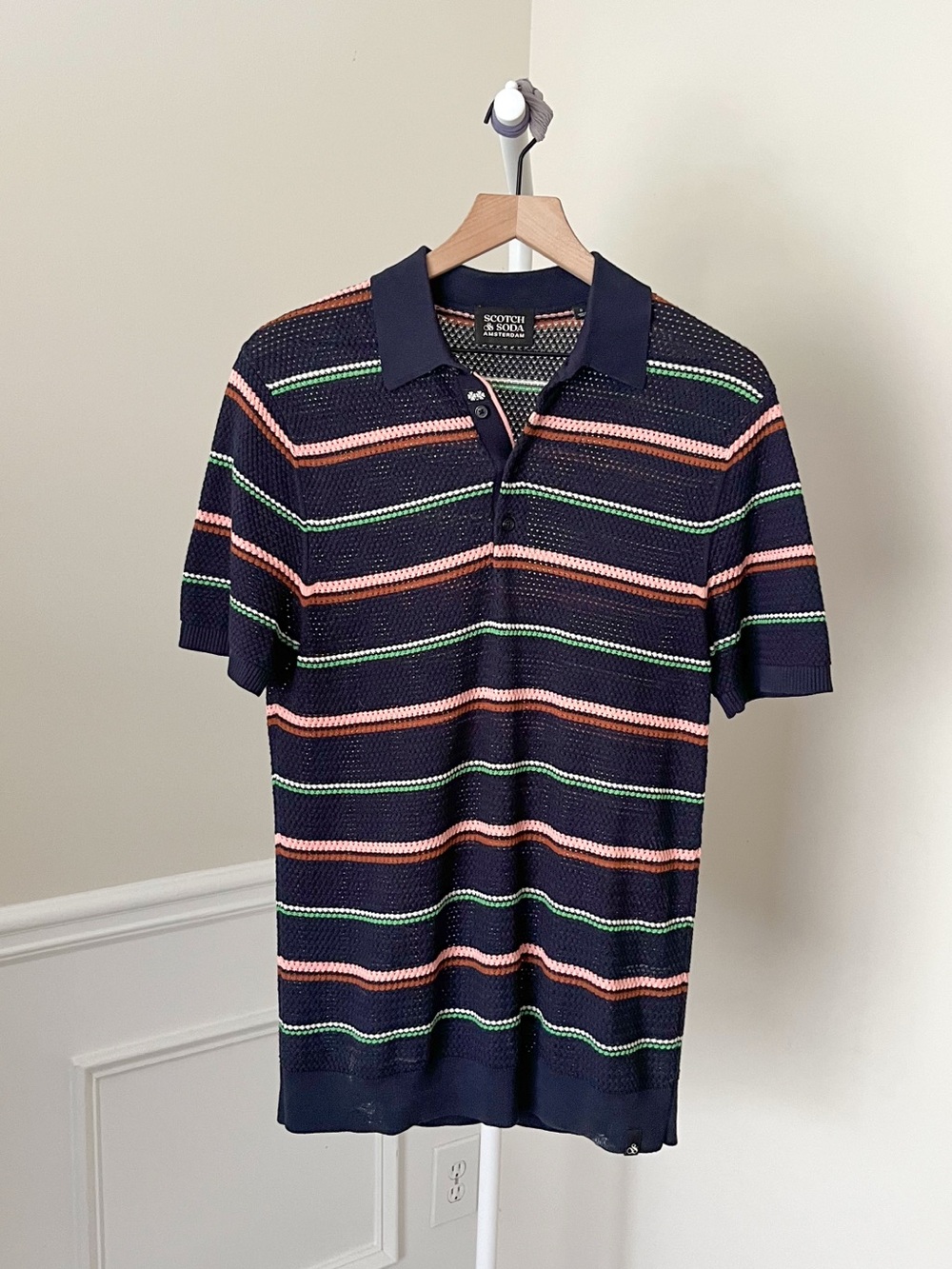 SCOTCH & SODA Retro Textured Crochet Striped Polo Shirt Blue Preppy Men’s Small